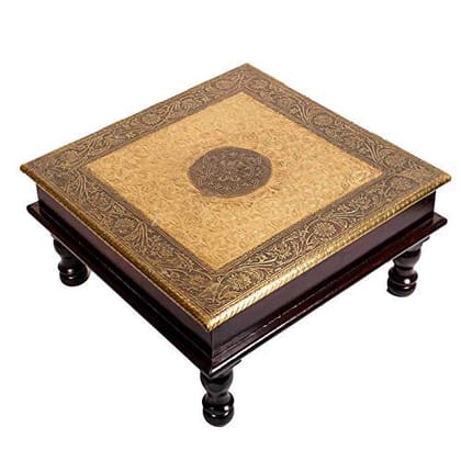 Kavita Art Wooden Chowki | Floral Painting Decorative Bajot for Sitting Pooja Temple (Full 18 x 18)
