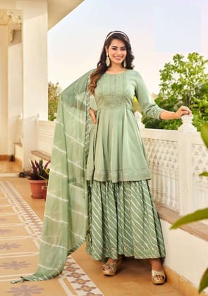 Pastel Green Heavy Silk Full Stitched Peplum Top Sharara Set With Dupatta 2201 Pastel Green Heavy Silk Full Stitched Peplum Top Sharara Set With Dupatta 2201