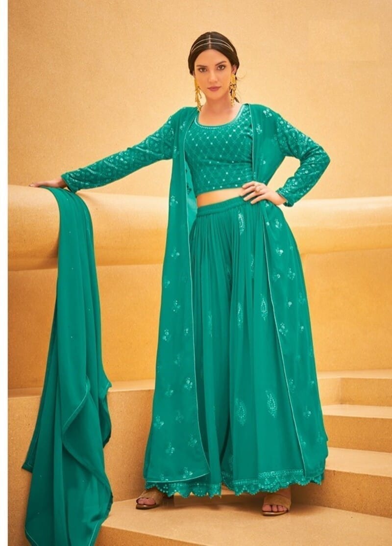 Wedding Collection Indowestern Pure Georgette Crop Top, Palazzo