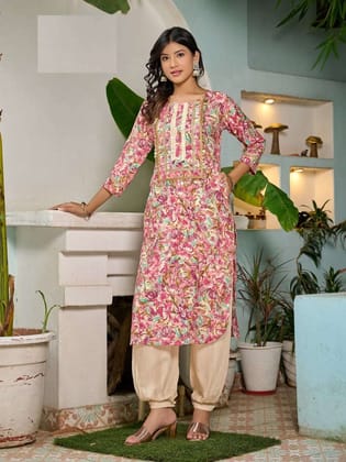 Pink Floral Print Modal Chanderi Foil Work Afghani Sets 3005 Pink Floral Print Modal Chanderi Foil Work Afghani Sets 3005