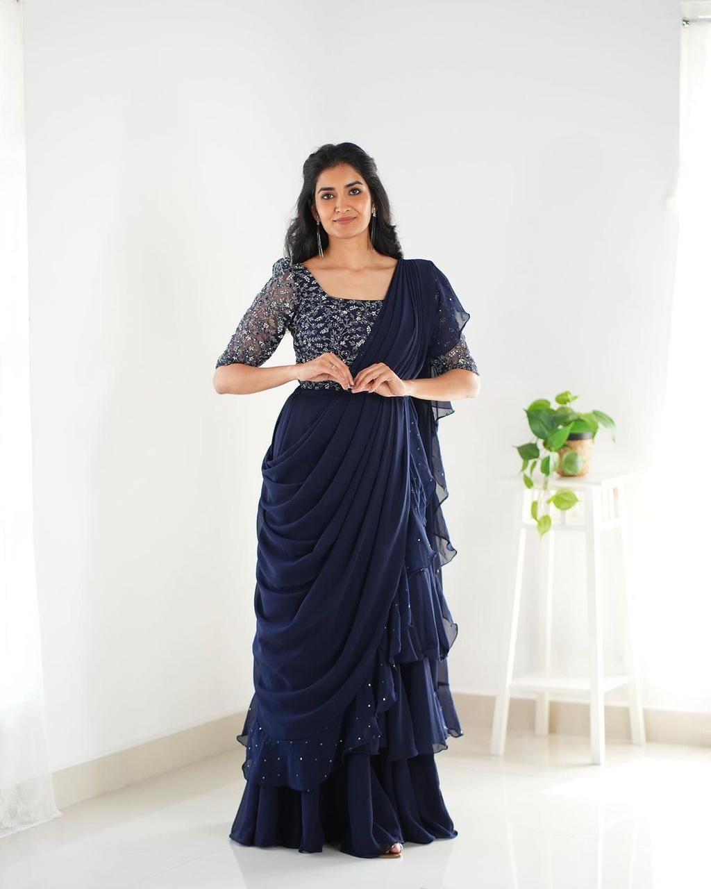 Navy Blue Silk Fabric Ruffle Ready To Wear Lehenga Cum Saree With Belt 18045
