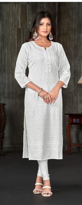 White Chikankari Embroidered Straight Kurta with Round Neck and 3/4th Sleeves White Chikankari Embroidered Straight Kurta with Round Neck and 3/4th Sleeves