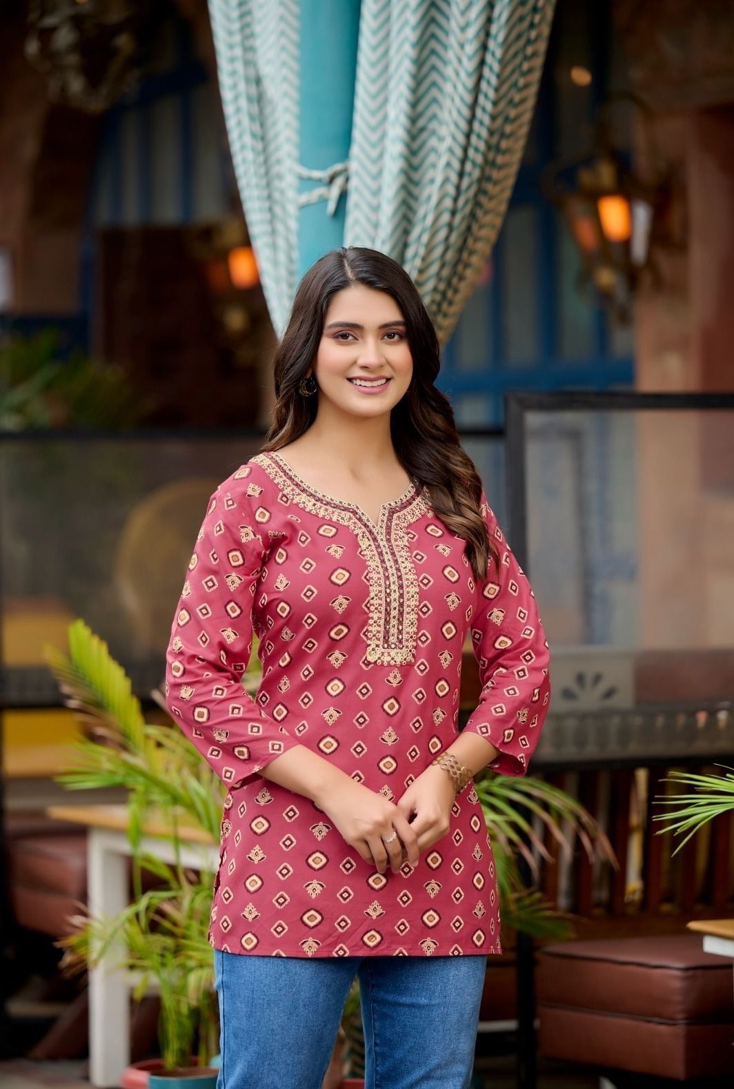 Rose Pink Rayon Cotton Mirror Work Short Kurti 102