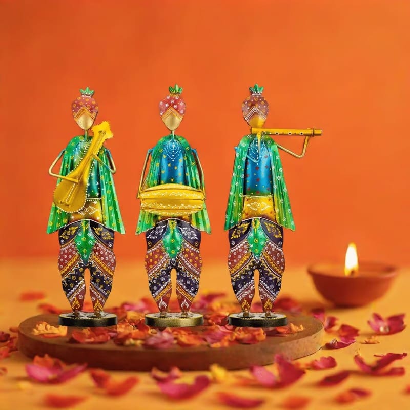 MOHD YASIN - Rajasthani Krishna Musicians (16.5x5) inches I Idol Art Show Piece | Metal Musician Set Showpiece | Home Decor Items | Decoration Item | Gifting | Set of 3