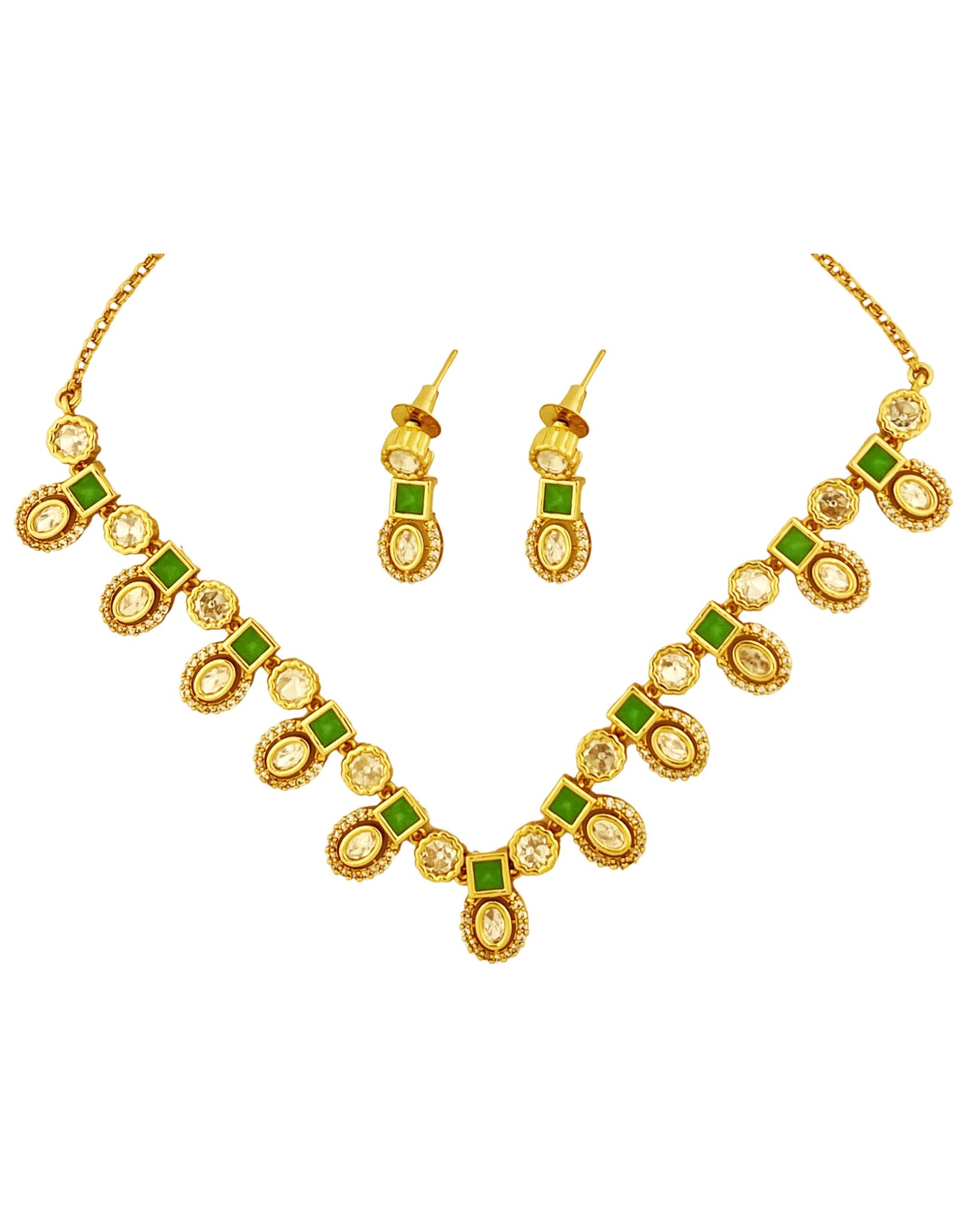  Gold-Plated Kundan and Green Stone Necklace Set