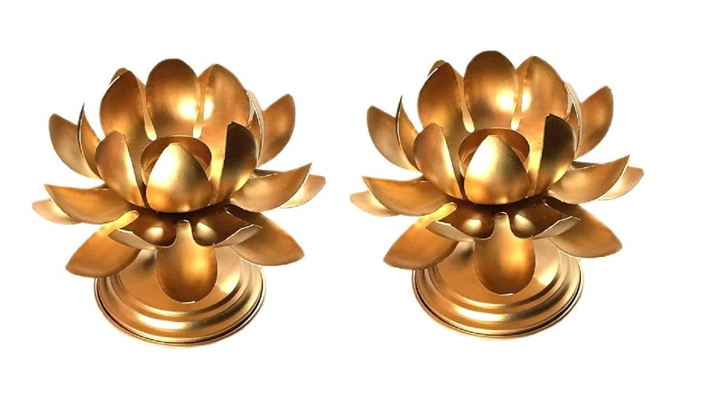 2 Golden Lotus Flower Tealight Candle Holder Set