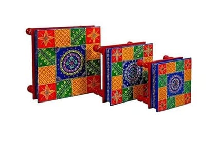 Kasthablanka - Wooden Chowki puja bajot Kalash Designed for Home & Office Decor for Pooja - Multicolor (Set of 3) (Design-3)