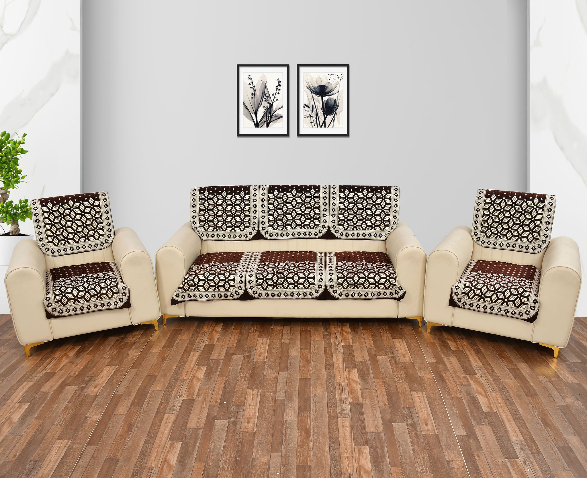 Premium 5 Seater Printed Sofa Cover Set 3,1,1 Seater 10 Pieces Sofa Back Slip Panels, Protector for Single Seater, Coffee (Pack of 6)