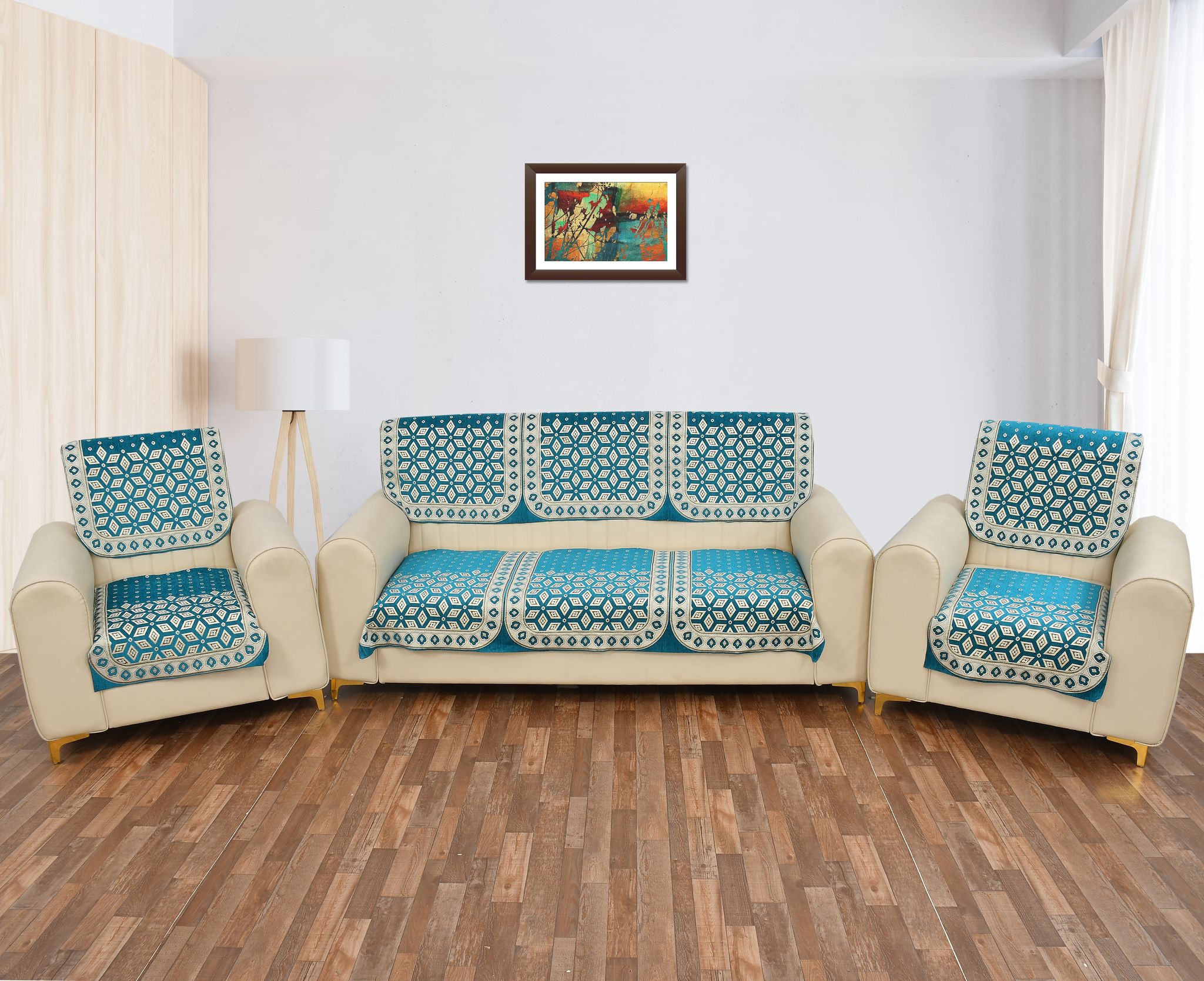 Premium 5 Seater Printed Sofa Cover Set 3,1,1 Seater 10 Pieces Sofa Back Slip Panels, Protector for Single Seater, Sky Blue(Pack of 6)