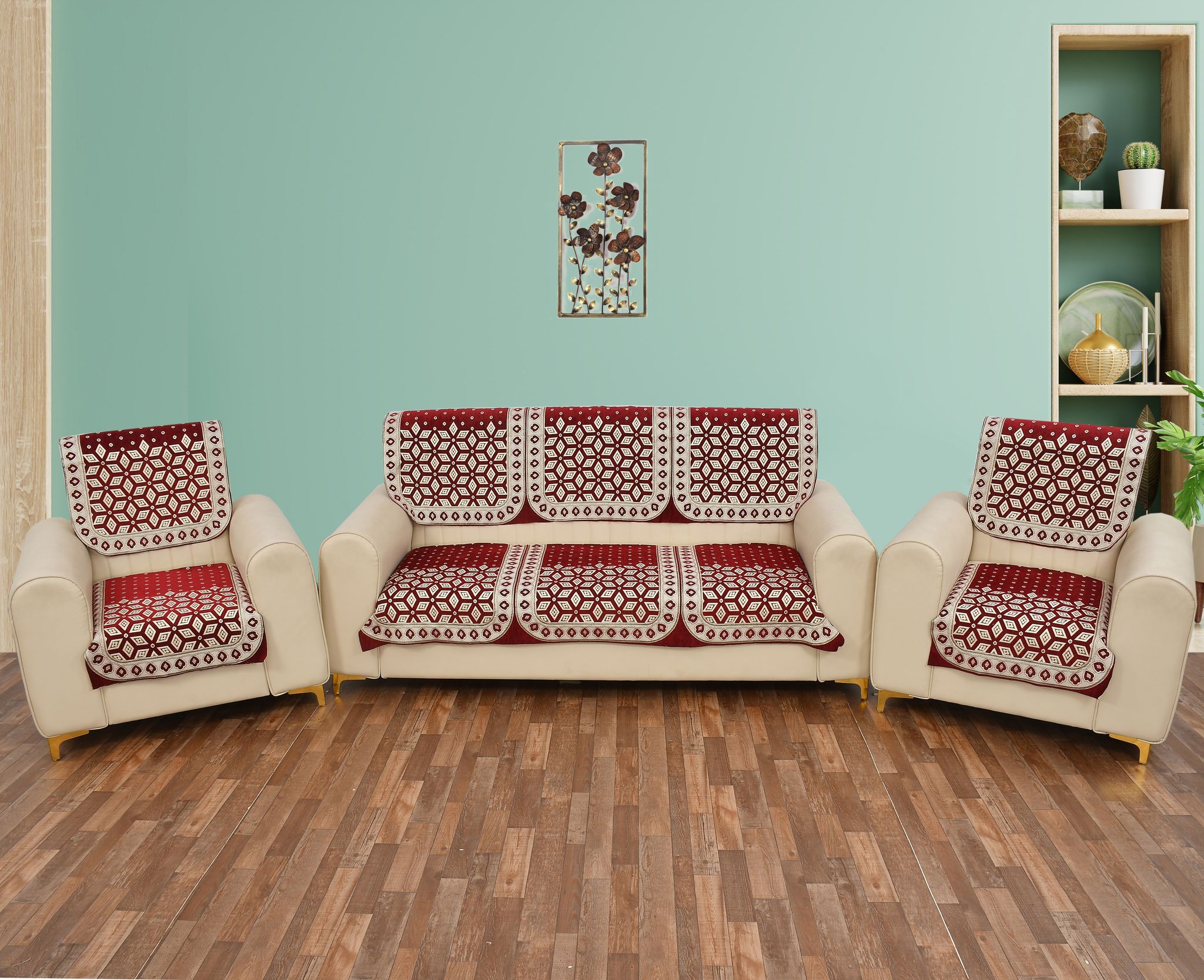 Premium 5 Seater Printed Sofa Cover Set 3,1,1 Seater 10 Pieces Sofa Back Slip Panels, Protector for Single Seater, Mehroon (Pack of 6)