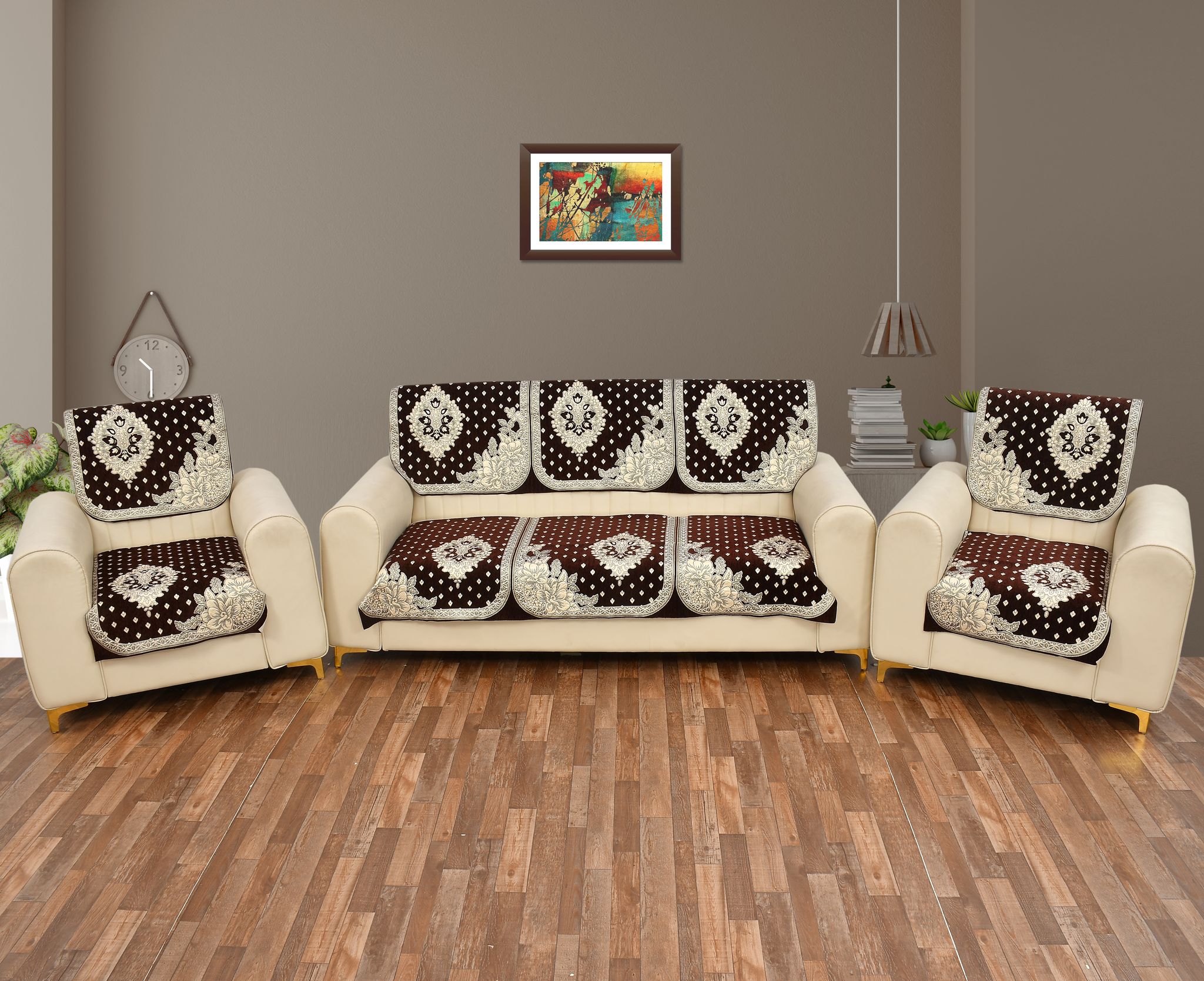 Premium 5 Seater Printed Sofa Cover Set 3,1,1 Seater 10 Pieces Sofa Back Slip Panels, Protector for Single Seater, Coffee (Pack of 6)