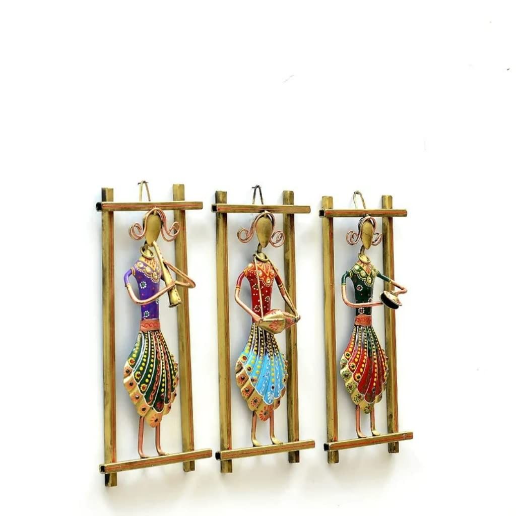 Shree Vishwakarma Handicrafts - Handmade Rajasthani Musician Showpiece for wall decoration for living room - wall decoration items for bedroom - Metal - Multicolour - Set of 3 Frames - Medium size
