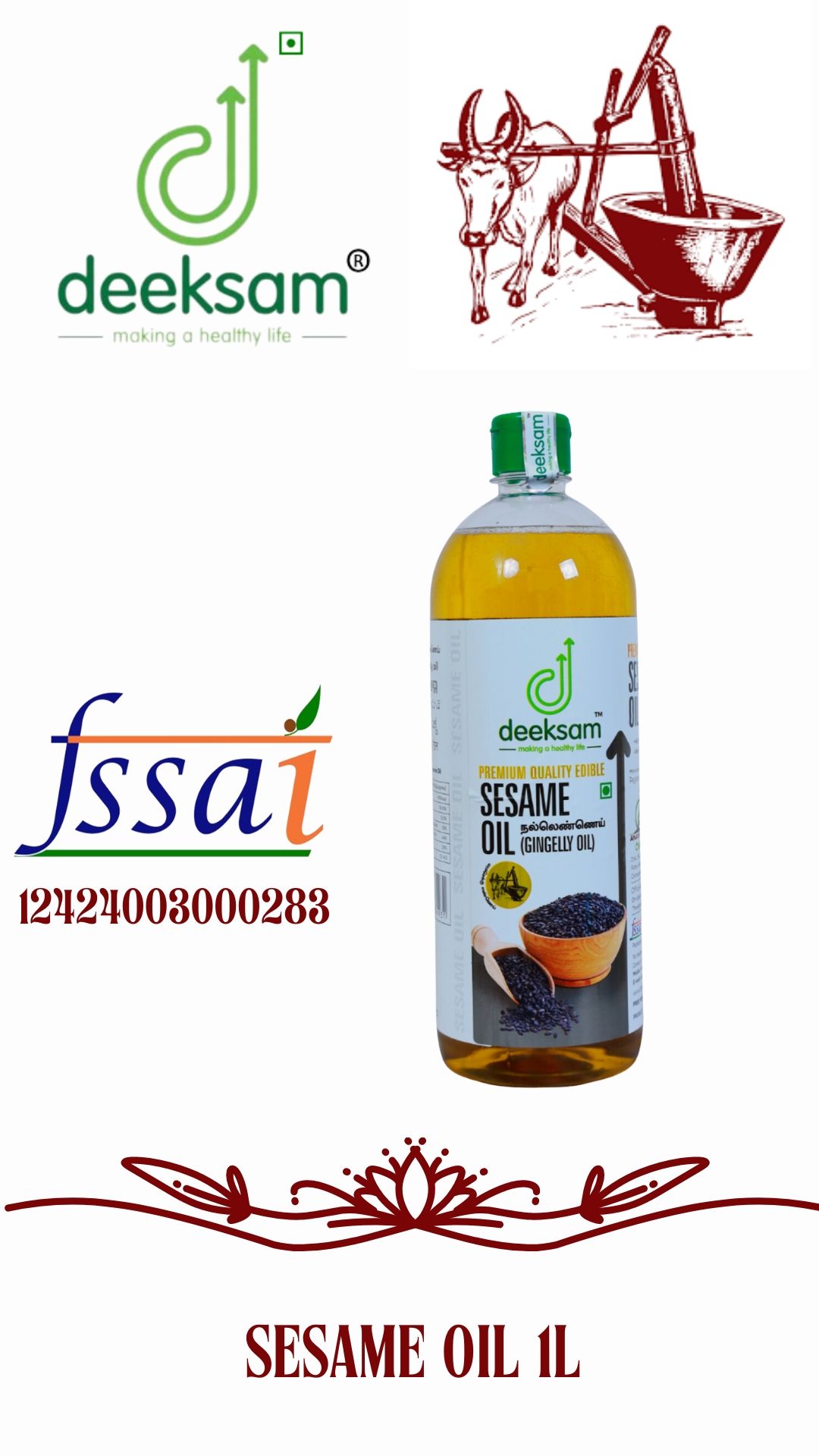 Deeksam Wood Pressed Sesame Oil | Pure Marachekku Nallennai | 100% Natural & Unrefined | Edible Grade