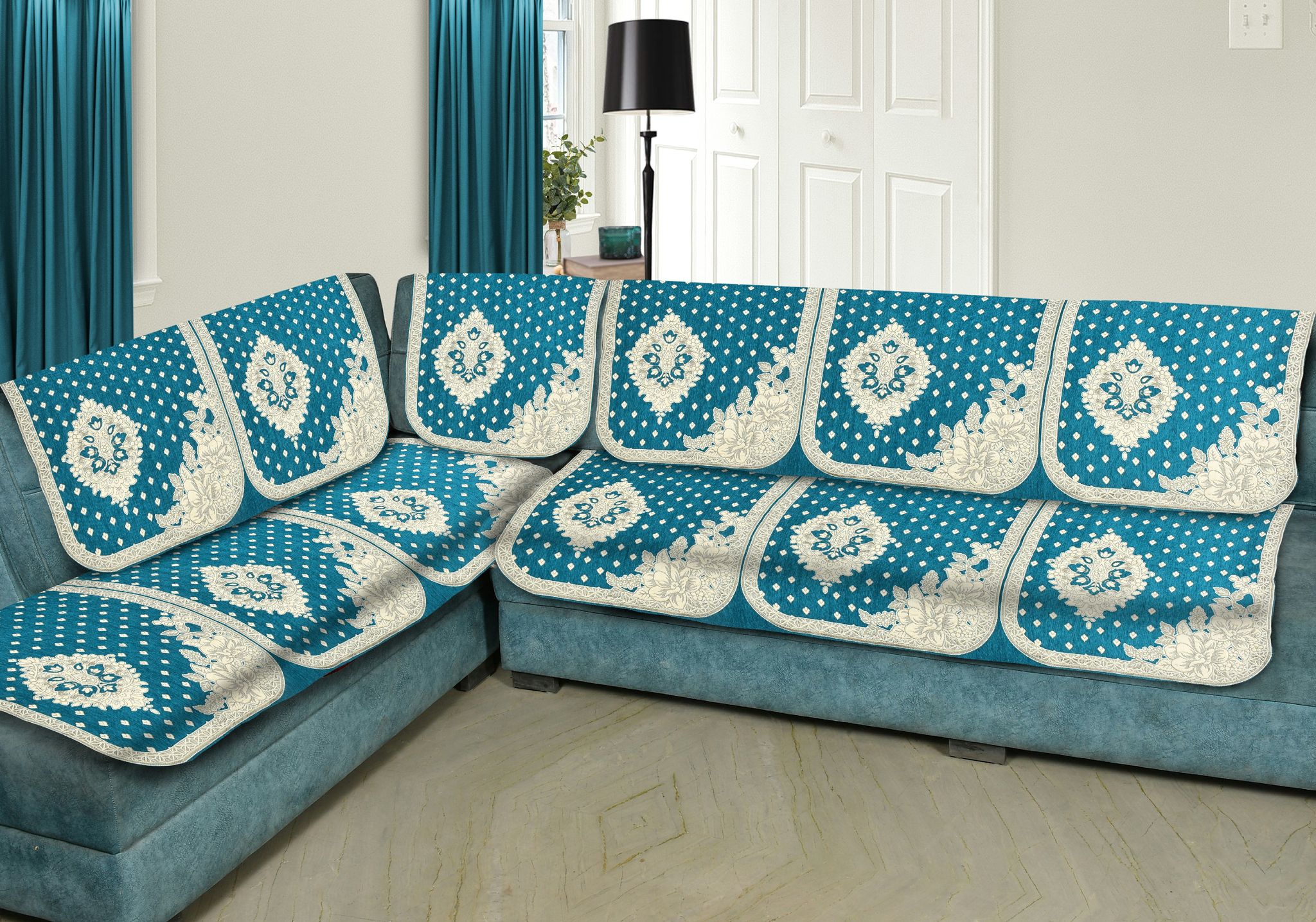 Premium L Shape 6 Seater Velvet Chenille Sofa Cover Set, 12 Pieces Printed Sofa Back Covers, Slip Cover 3, 2, 1 Seater Sofa Cover, Sky Blue(Pack of 6)