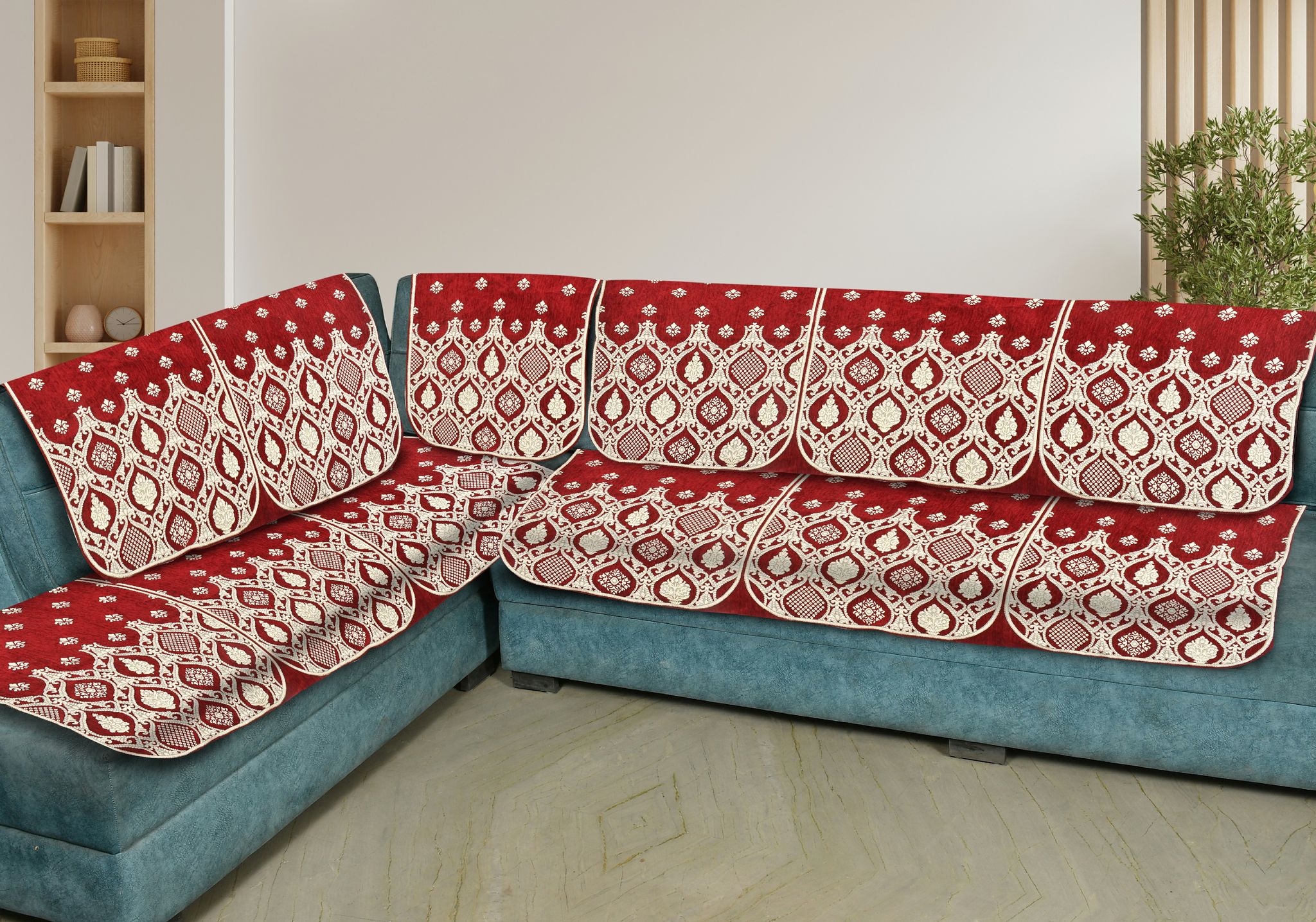Premium L Shape 6 Seater Velvet Chenille Sofa Cover Set, 12 Pieces Printed Sofa Back Covers, Slip Cover 3, 2, 1 Seater Sofa Cover, Mehroon (Pack of 6)