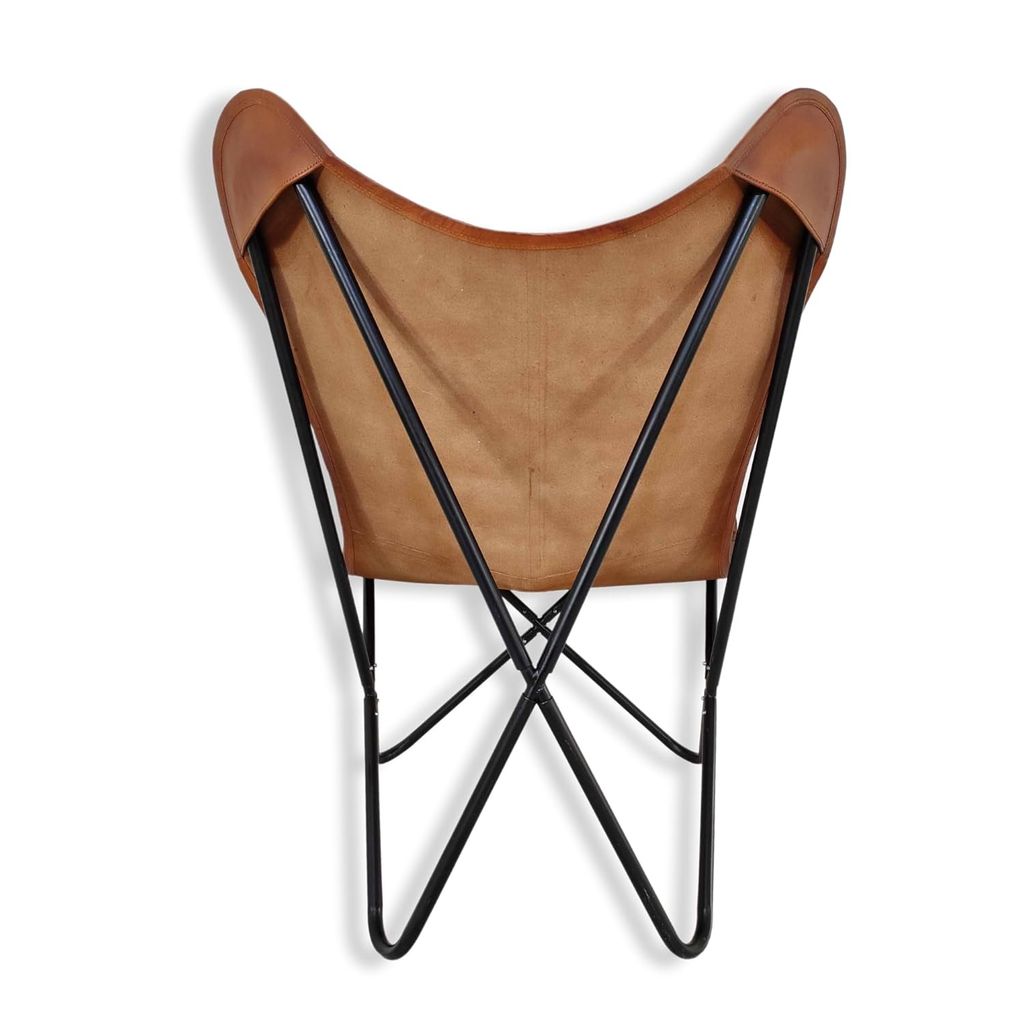 The wood good - Brown Arm Rest Leather Butterfly Chair Comfortable Folding Living Room Armchair – with Black Powder Coated Iron Stand