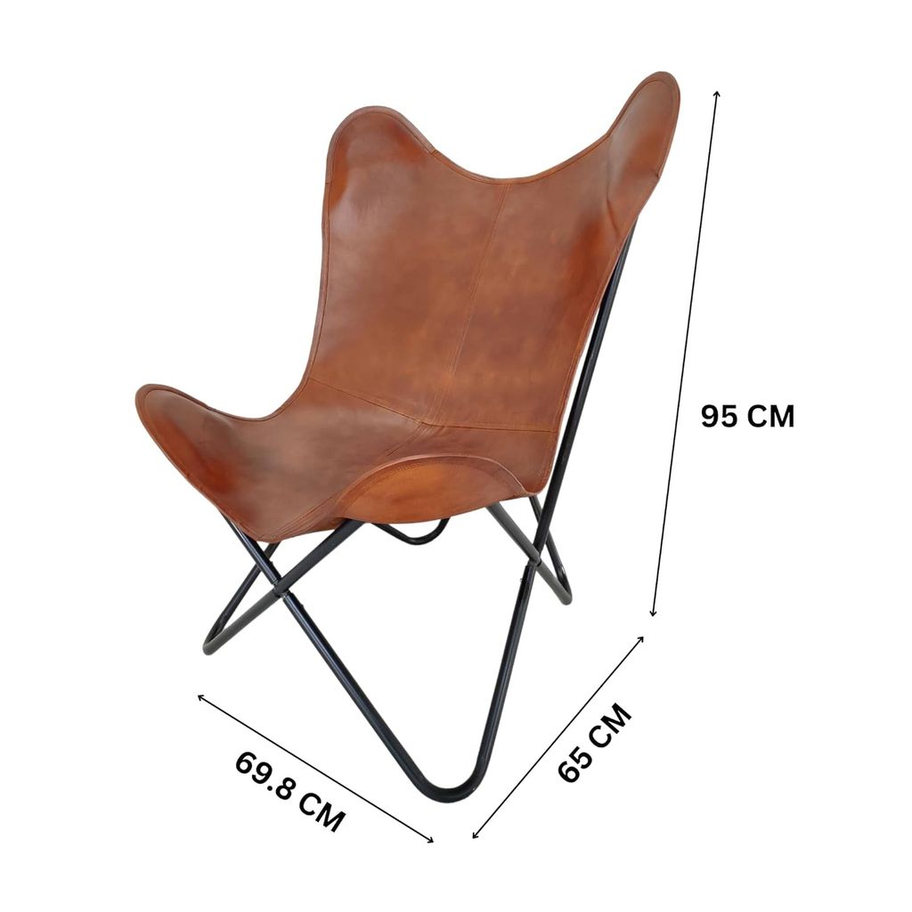 The wood good - Brown Arm Rest Leather Butterfly Chair Comfortable Folding Living Room Armchair – with Black Powder Coated Iron Stand