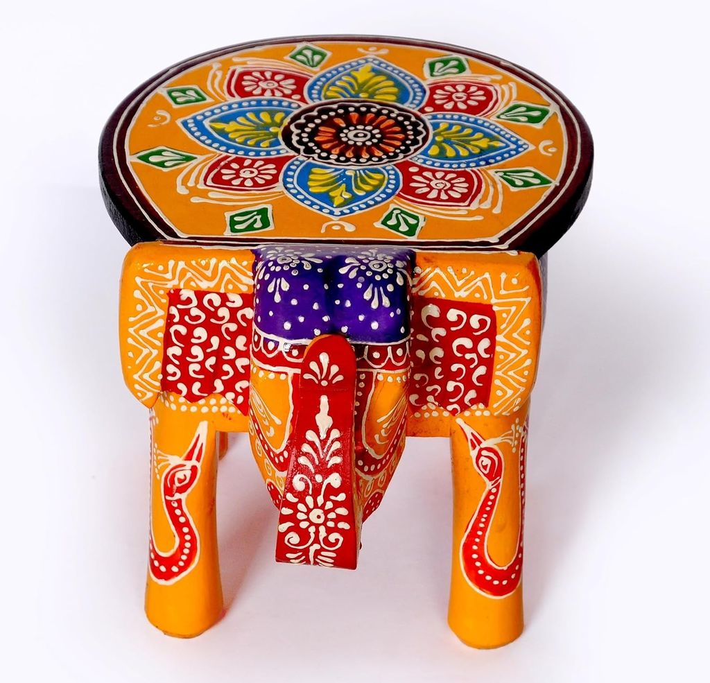 The wood good - Wooden Elephant Stool, Puja Stool and Planter Stand for Home Decor/Living Room/Bedroom/Kitchen/Balcony and Office Stool, Embossed Painted, Elephant Shape (Gold)