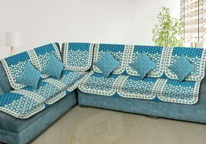 Premium Velvet L Shape Sofa Covers Set with 5 Cushion Covers, 6 Seater Sofa Slip Protector Covers for Living Room Décor,Sky Blue(Pack of 11)