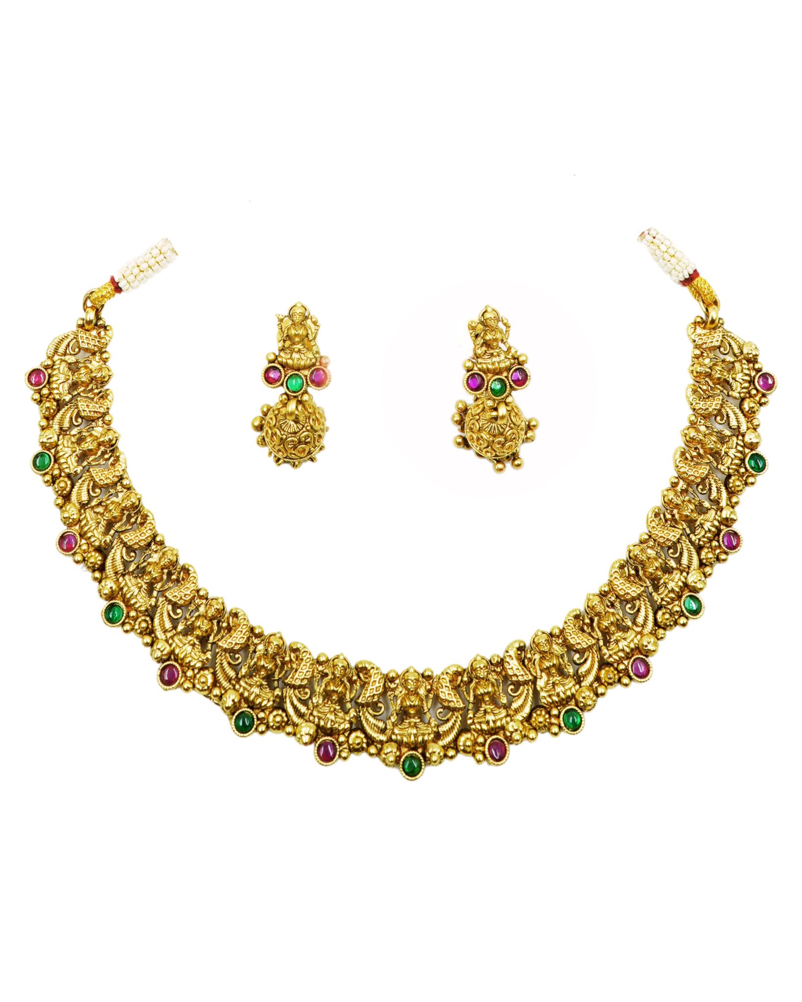  Gold-plated, antique finish, temple jewellery necklace set with rubies and emeralds