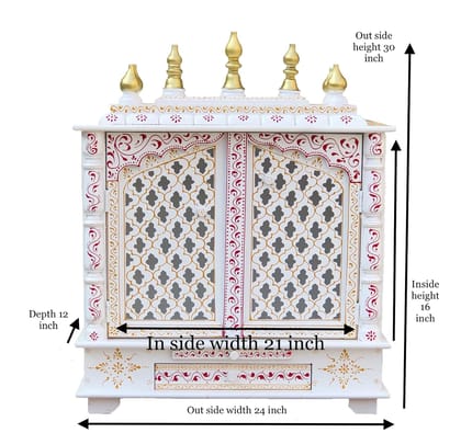 Mahaveer Art and Crafts - Hand-Painted Wooden Home Temple/Pooja mandir with Doors and Side LED Lights (Color White & Red Big Size) Large Size- 24x12x30 Inch
