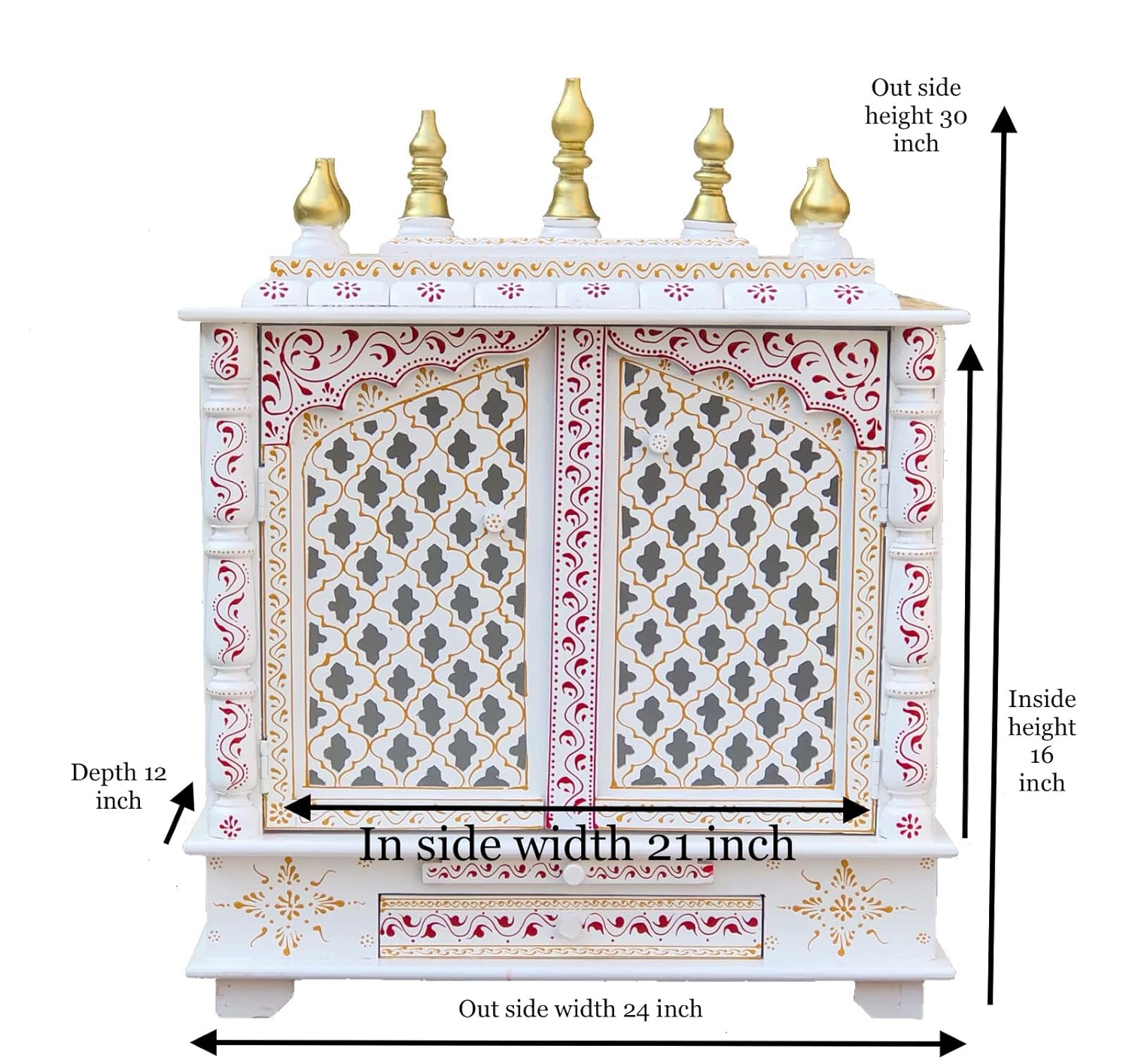 Mahaveer Art and Crafts - Hand-Painted Wooden Home Temple/Pooja mandir with Doors and Side LED Lights (Color White & Red Big Size) Large Size- 24x12x30 Inch