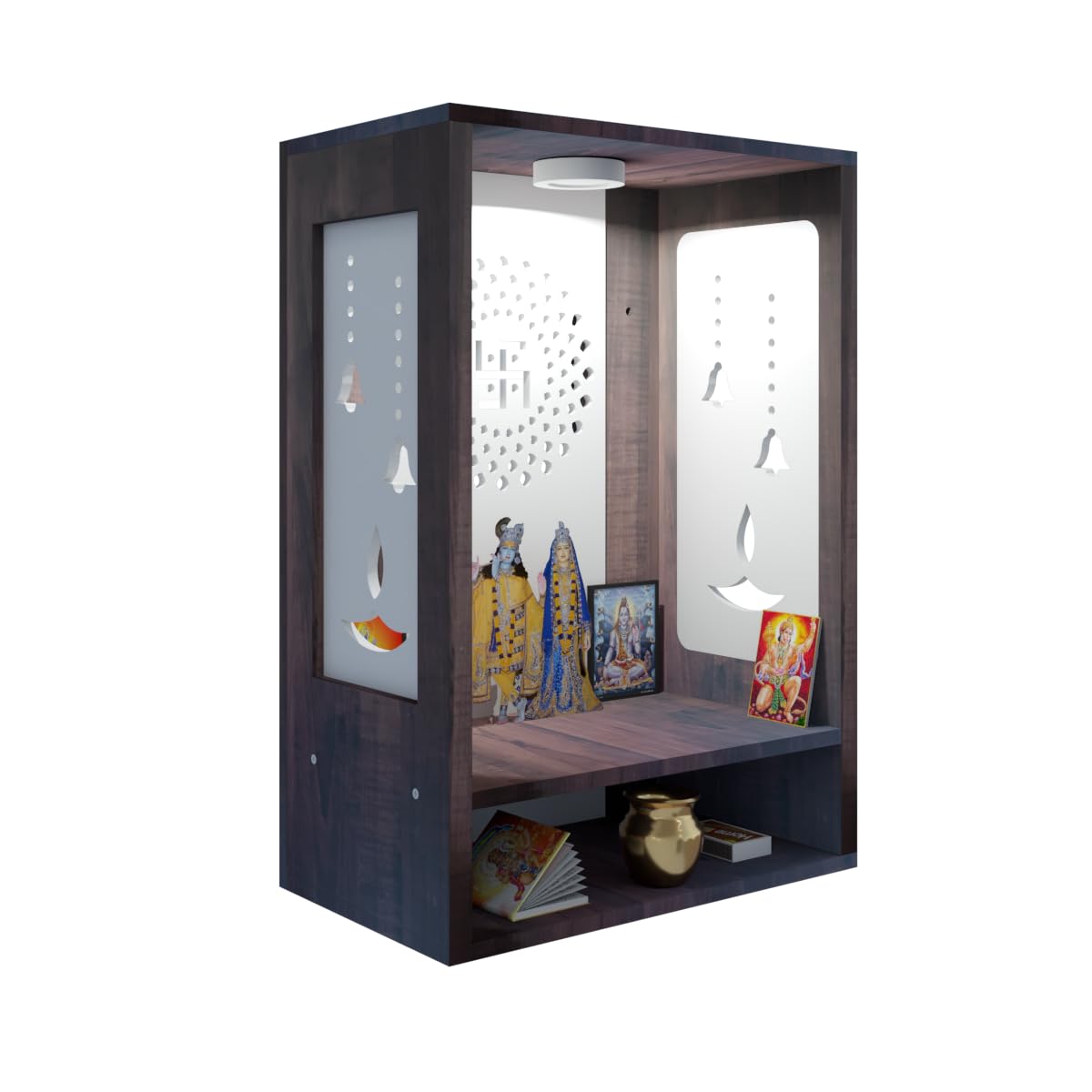 Mahaveer Art and Crafts - Pavitra Pooja Mandir for Home&Office, Wall Mounted Engineered Wood Temple with Wpc Jalli Design&Led Spot Light, Size-H20.5 X L14.17 X W8.3 Inch