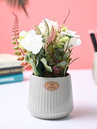 Market99 White Rose Flower With Grey Pot