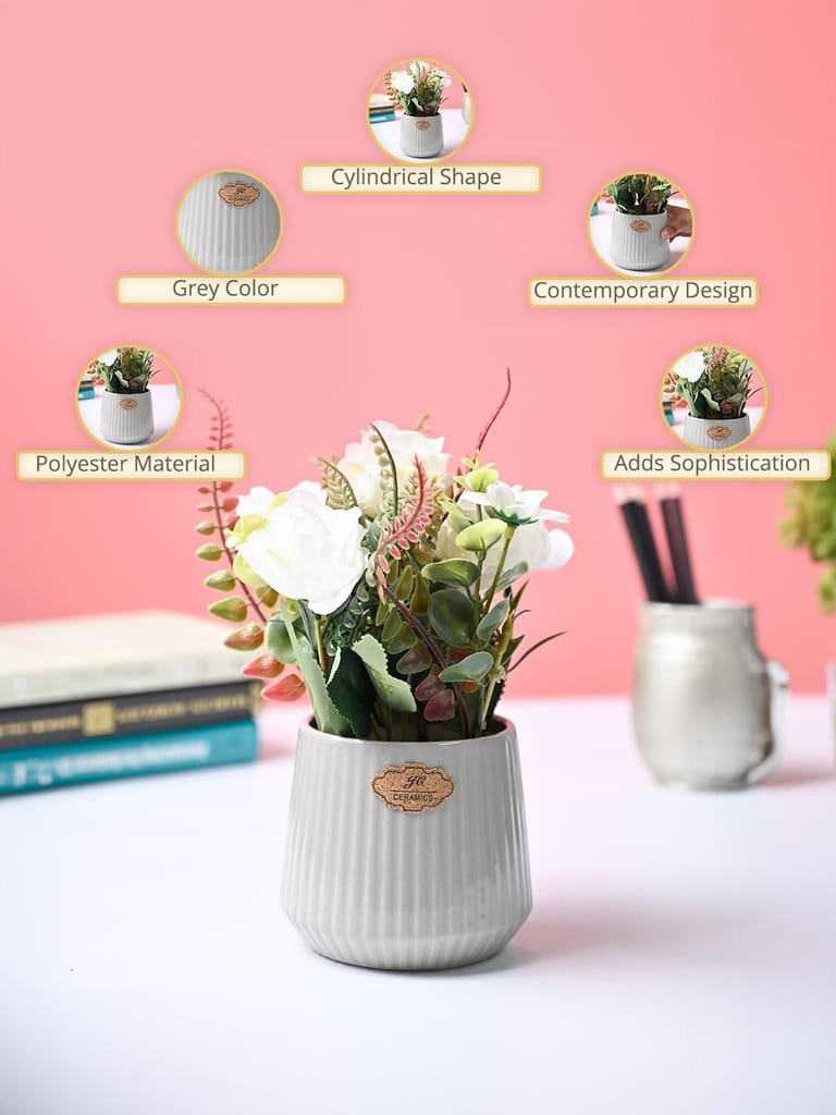 Market99 White Rose Flower With Grey Pot