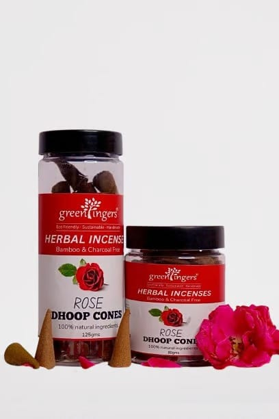 Green Fingers; Rose DHOOP Cones. Bamboo Free. Herbal Incense. Natural Aroma. Cow Dung, Kapur, & Other Natural Ingredients. set of 4