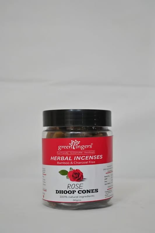 Green Fingers; Rose DHOOP Cones. Bamboo Free. Herbal Incense. Natural Aroma. Cow Dung, Kapur, & Other Natural Ingredients. Can be Used Daily for Pooja, Home Fragrance. Has a Stand. 1 Month Pack, Approx.