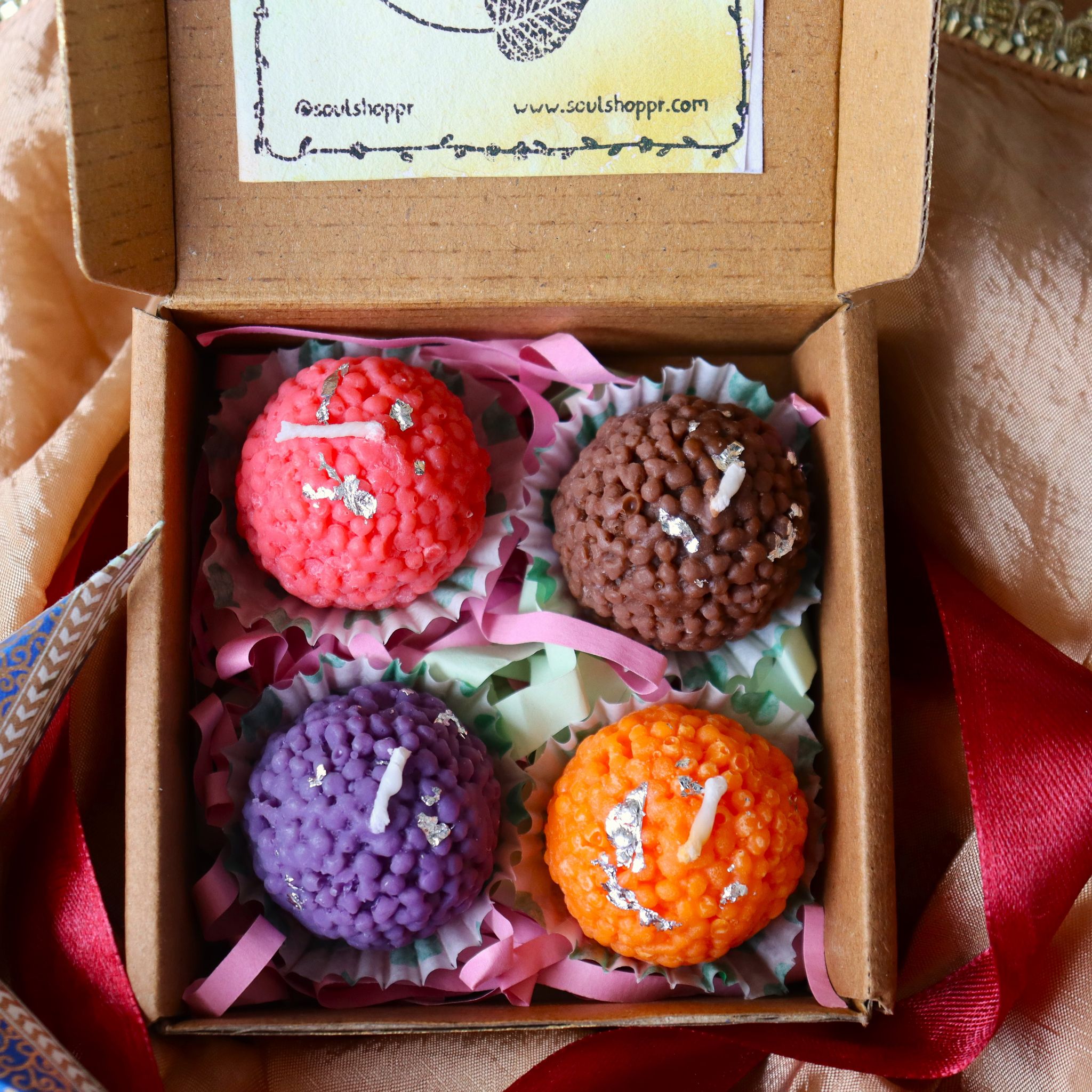 Soul Shoppr Laddoo Candles Gift Box, Set of 4, Assorted Colours | Scented Motichoor Laddu Candle, Premium Soy Wax Diwali Decor - Party and Festive Needs | Buy online on ZillyBuy