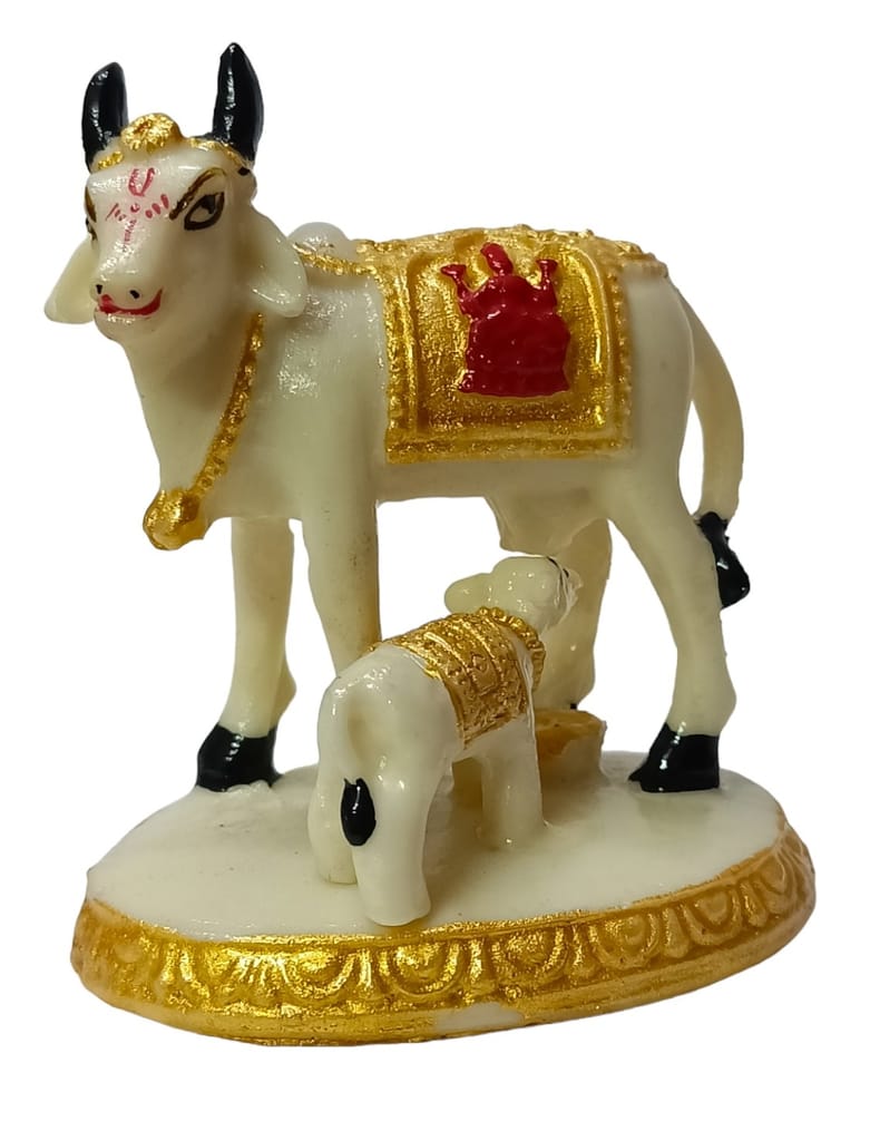 Dev Bhakti Cow and Calf Statue Kamdhenu Gau Mata, Animal Puja, Idol Gift Decorative Showpiece - 8 cm (Marble, Multicolor)