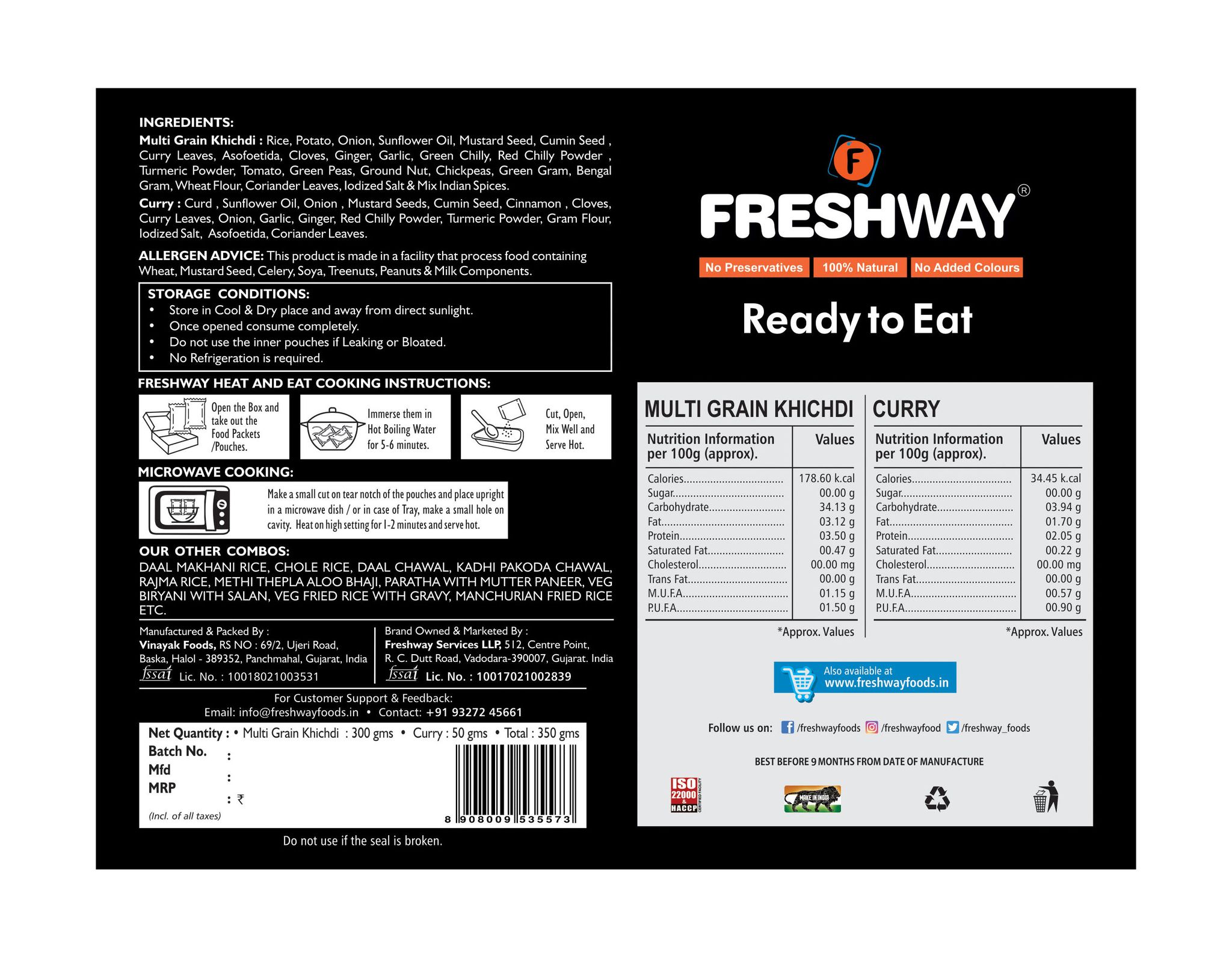Freshway Multi Grain Khichdi with Curry Combo Pack of 3 Nutritious and Flavorful Indian One Pack Meal
