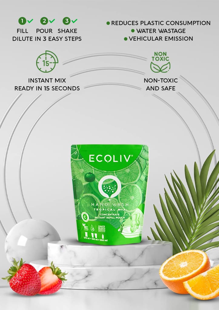 Ecoliv Tropical Mix Liquid Handwash Refill Pouch 1 Litre|Pack of 2 x 170ml Concentrate Refill |pH 5.5|Gentle on Hands| Add 330 ml Water Make 500 ml hand wash liquid in 15 seconds