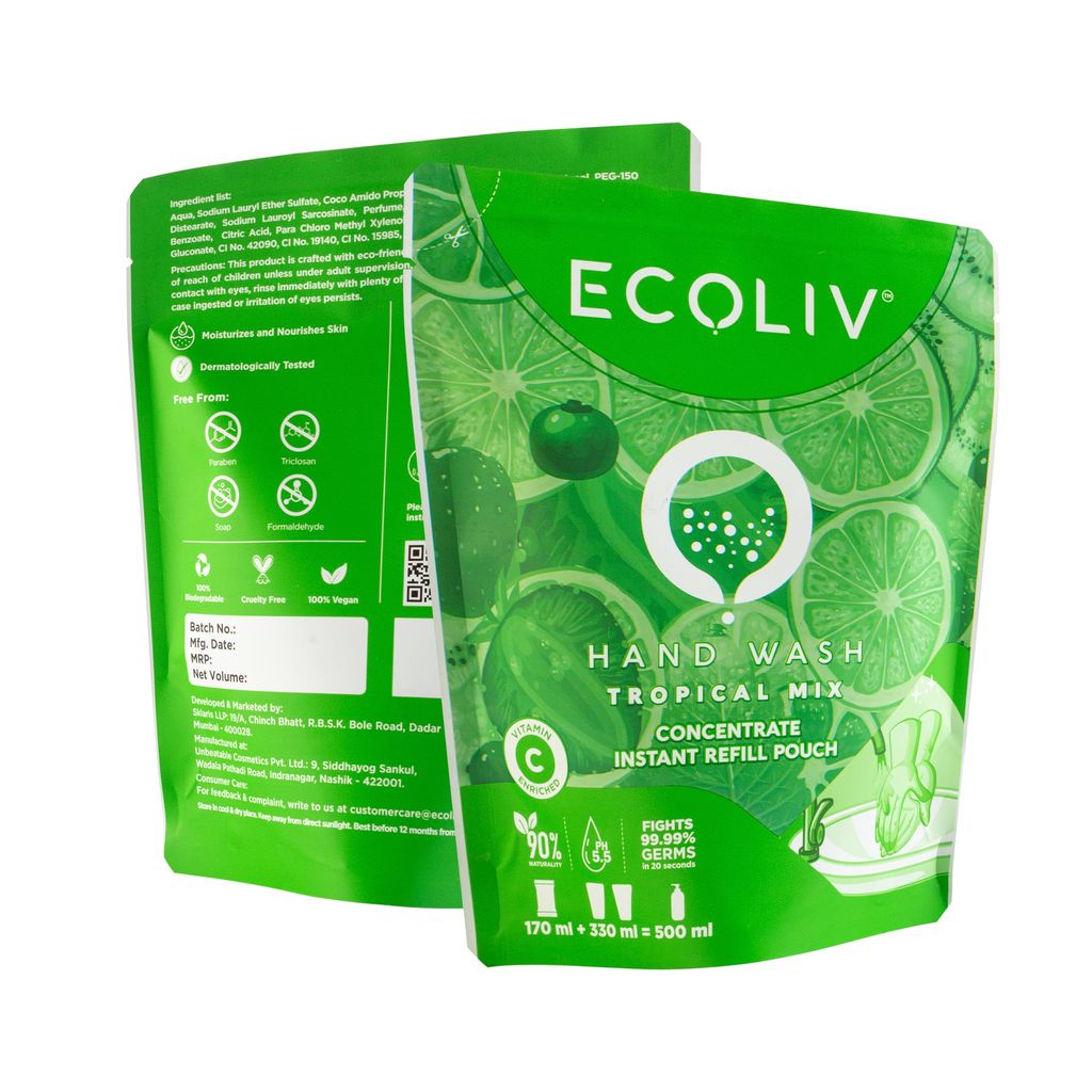 Ecoliv Tropical Mix Liquid Handwash Refill Pouch 1 Litre|Pack of 2 x 170ml Concentrate Refill |pH 5.5|Gentle on Hands| Add 330 ml Water Make 500 ml hand wash liquid in 15 seconds