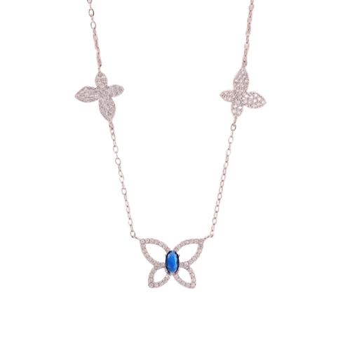 925 Sterling Silver Blue Butterfly Pendant Necklace with Cubic Zirconia Stones