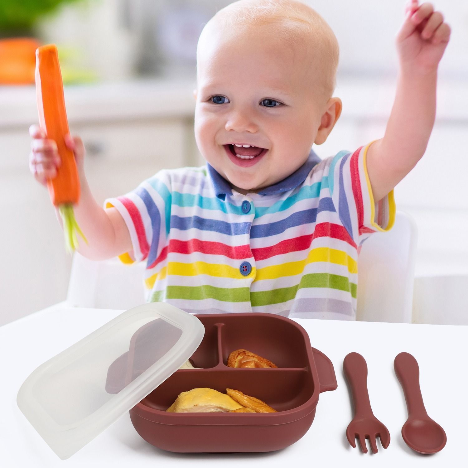 SPY KIDS® Silicone Baby Feeding Bowl with Lid - 3 Compartment Strong Suction Bowl, Spoon & Fork | Red