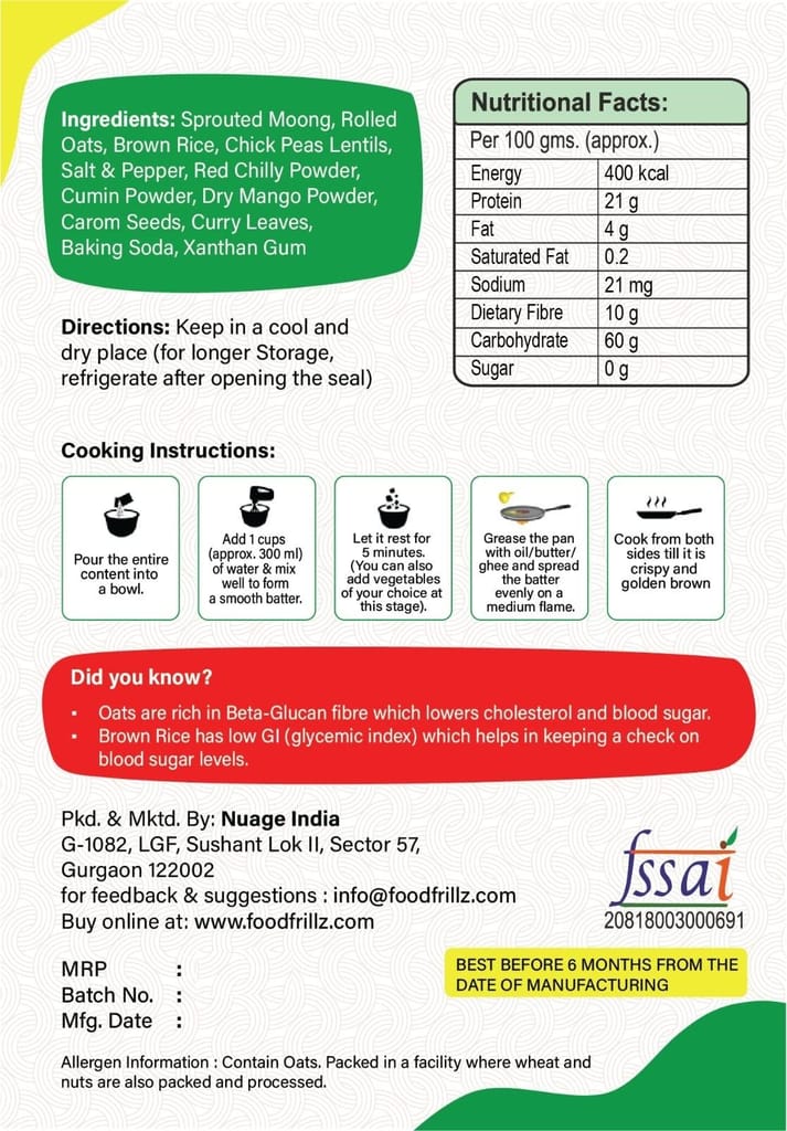 foodfrillz High Protein Chilla Mix/Dosa Mix Healthy Breakfast premix Fibre Rich Instant Ready to Cook