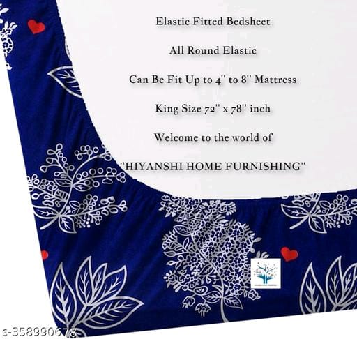  King Size Blue Floral Print Elastic Fitted Bed Sheet with 2 Pillow Covers