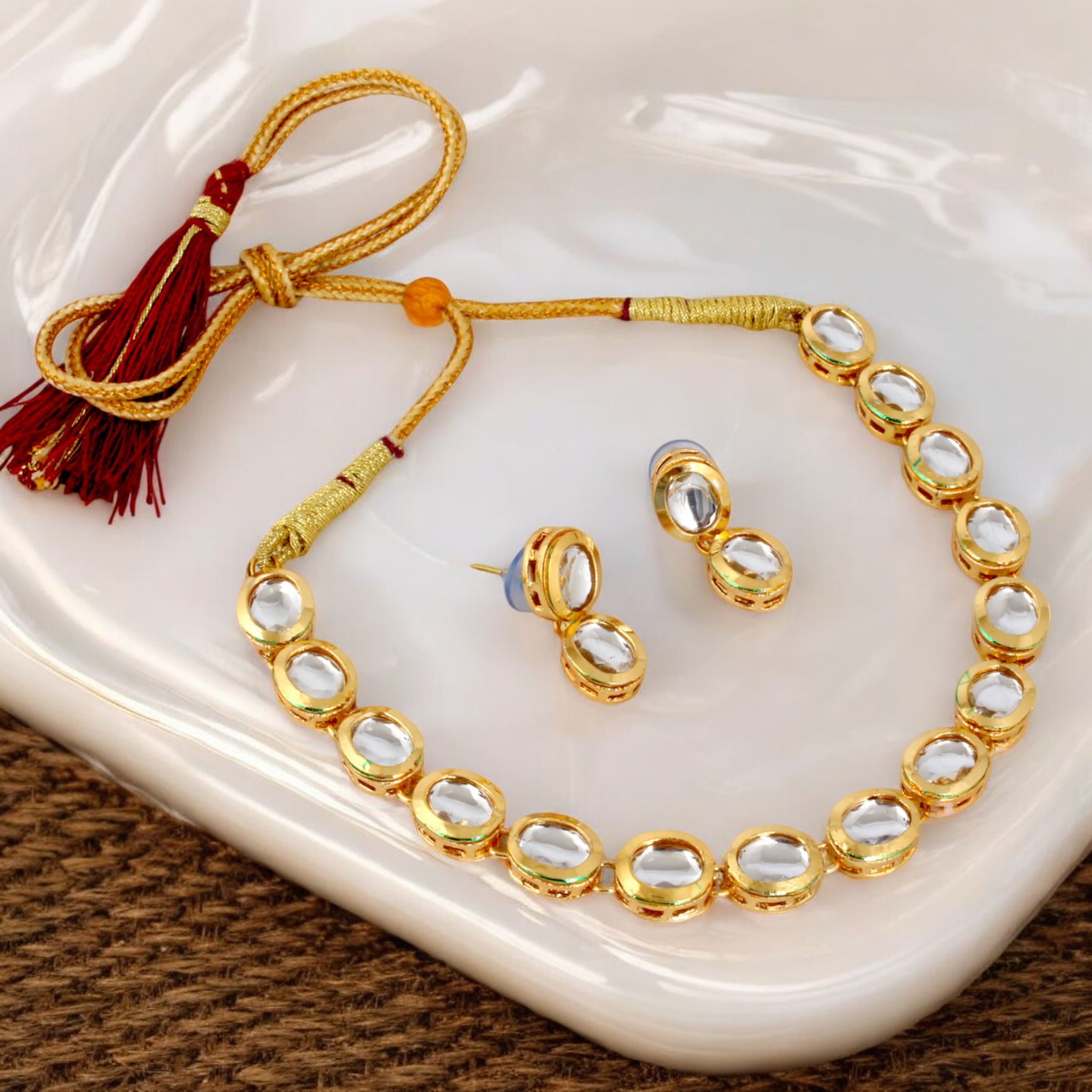 LUCKY JEWELLERY Back Meenakari 18K Gold Plated White color Uncut One Line Oval Kundan Stone Necklace Set with Earrings For Women & Girls (373-J5SK-1904)