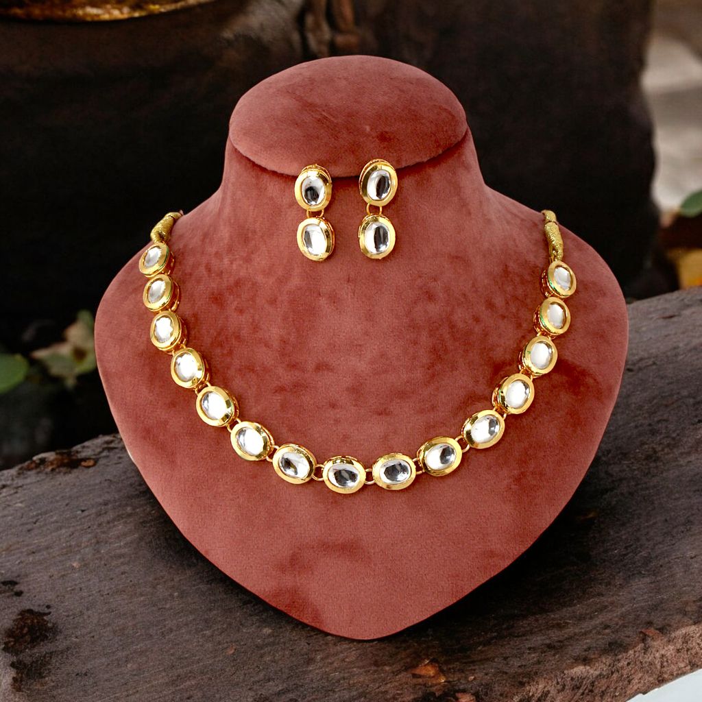 LUCKY JEWELLERY Back Meenakari 18K Gold Plated White color Uncut One Line Oval Kundan Stone Necklace Set with Earrings For Women & Girls (373-J5SK-1904)