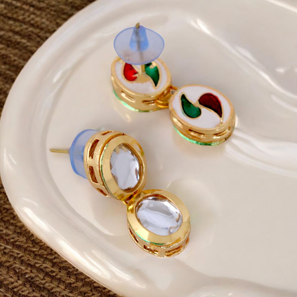 LUCKY JEWELLERY Back Meenakari 18K Gold Plated White color Uncut One Line Oval Kundan Stone Necklace Set with Earrings For Women & Girls (373-J5SK-1904)