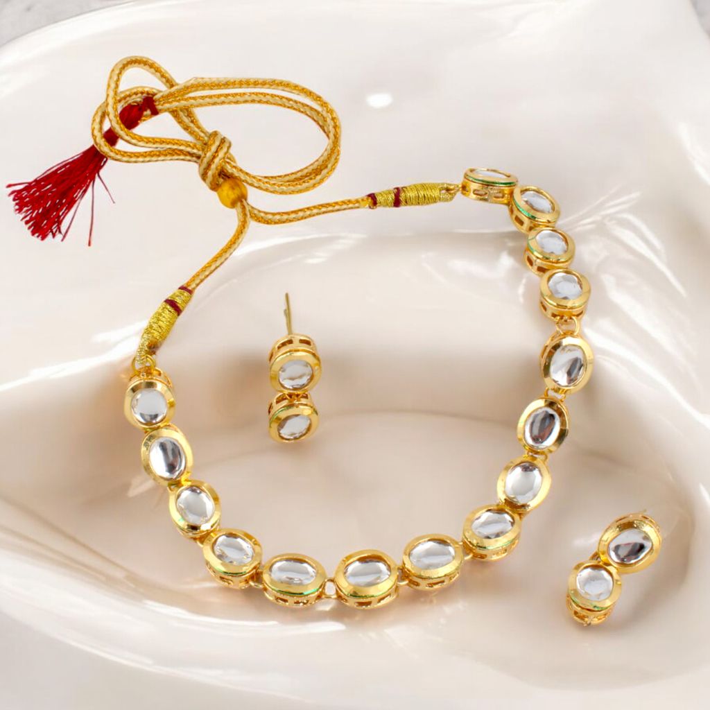 LUCKY JEWELLERY Back Meenakari 18K Gold Plated White color Uncut One Line Oval Kundan Stone Necklace Set with Earrings For Women & Girls (373-J5SK-1904)