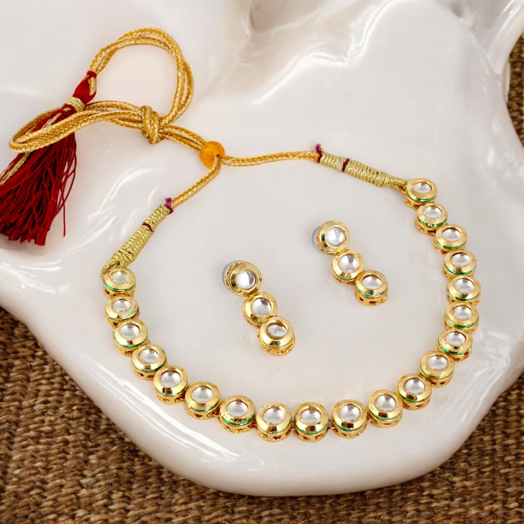 LUCKY JEWELLERY Back Meenakari 18K Gold Plated White color Uncut One Line Round Kundan Stone Necklace Set with Earrings Women & Girls (393-J5SK-1903)