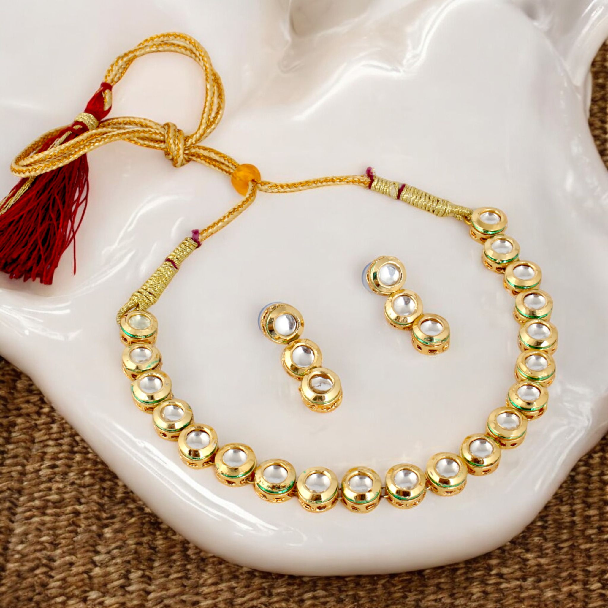 LUCKY JEWELLERY Back Meenakari 18K Gold Plated White color Uncut One Line Round Kundan Stone Necklace Set with Earrings Women & Girls (393-J5SK-1903)