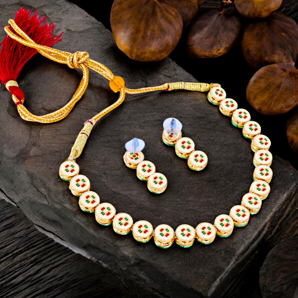LUCKY JEWELLERY Back Meenakari 18K Gold Plated White color Uncut One Line Round Kundan Stone Necklace Set with Earrings Women & Girls (393-J5SK-1903)