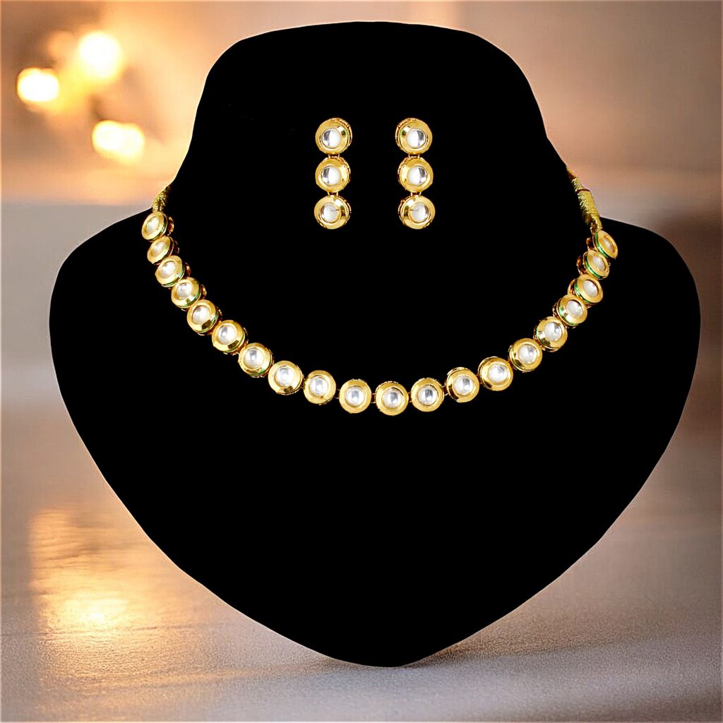 LUCKY JEWELLERY Back Meenakari 18K Gold Plated White color Uncut One Line Round Kundan Stone Necklace Set with Earrings Women & Girls (393-J5SK-1903)