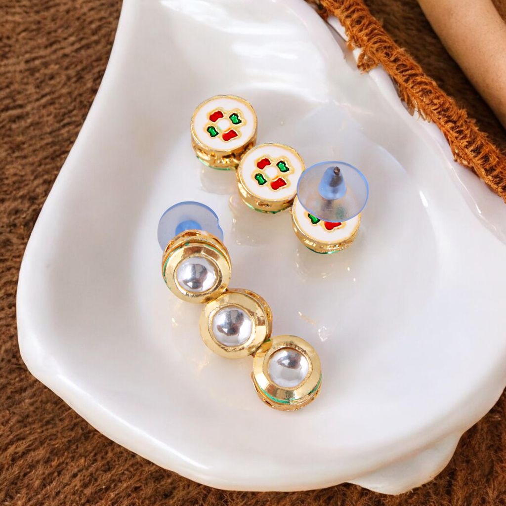 LUCKY JEWELLERY Back Meenakari 18K Gold Plated White color Uncut One Line Round Kundan Stone Necklace Set with Earrings Women & Girls (393-J5SK-1903)