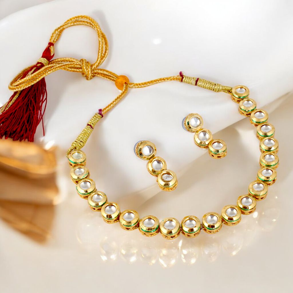 LUCKY JEWELLERY Back Meenakari 18K Gold Plated White color Uncut One Line Round Kundan Stone Necklace Set with Earrings Women & Girls (393-J5SK-1903)